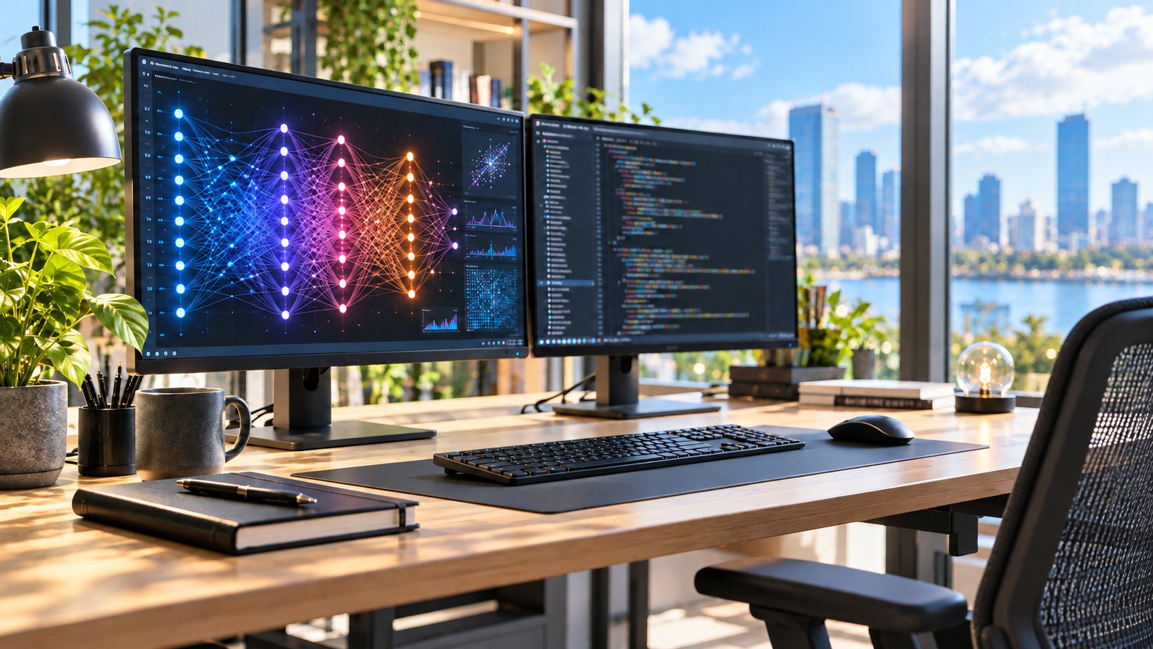 Bright AI engineering workspace, monitors showing a neural network visualization and code