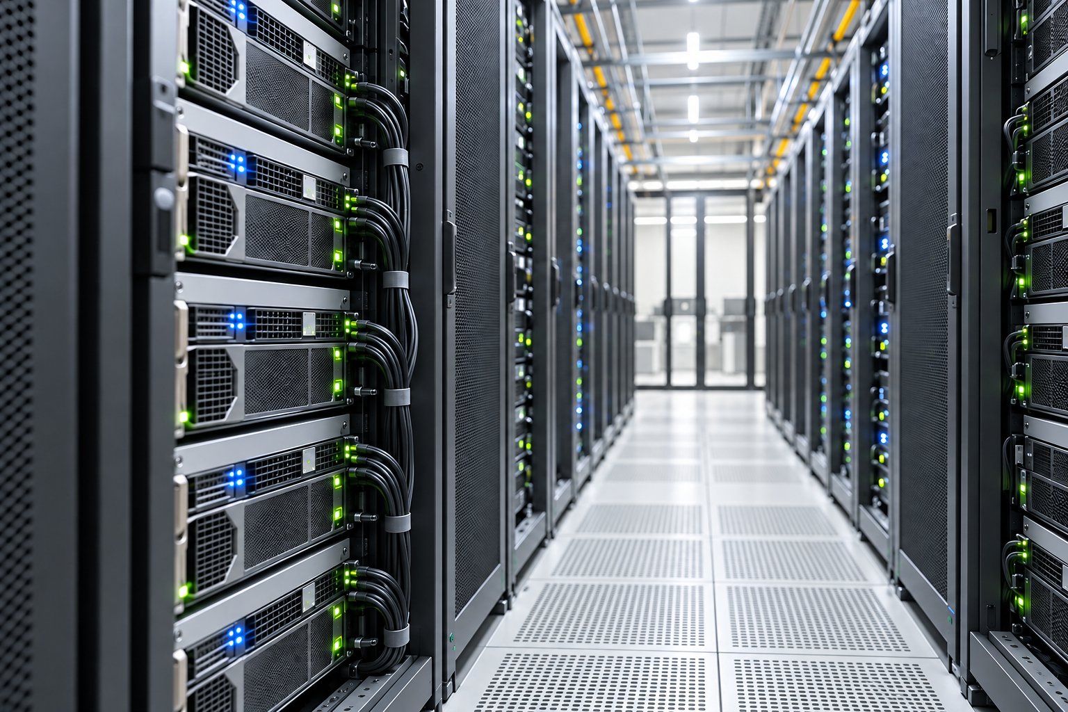 GPU server racks with status LEDs in a brightly lit data center aisle