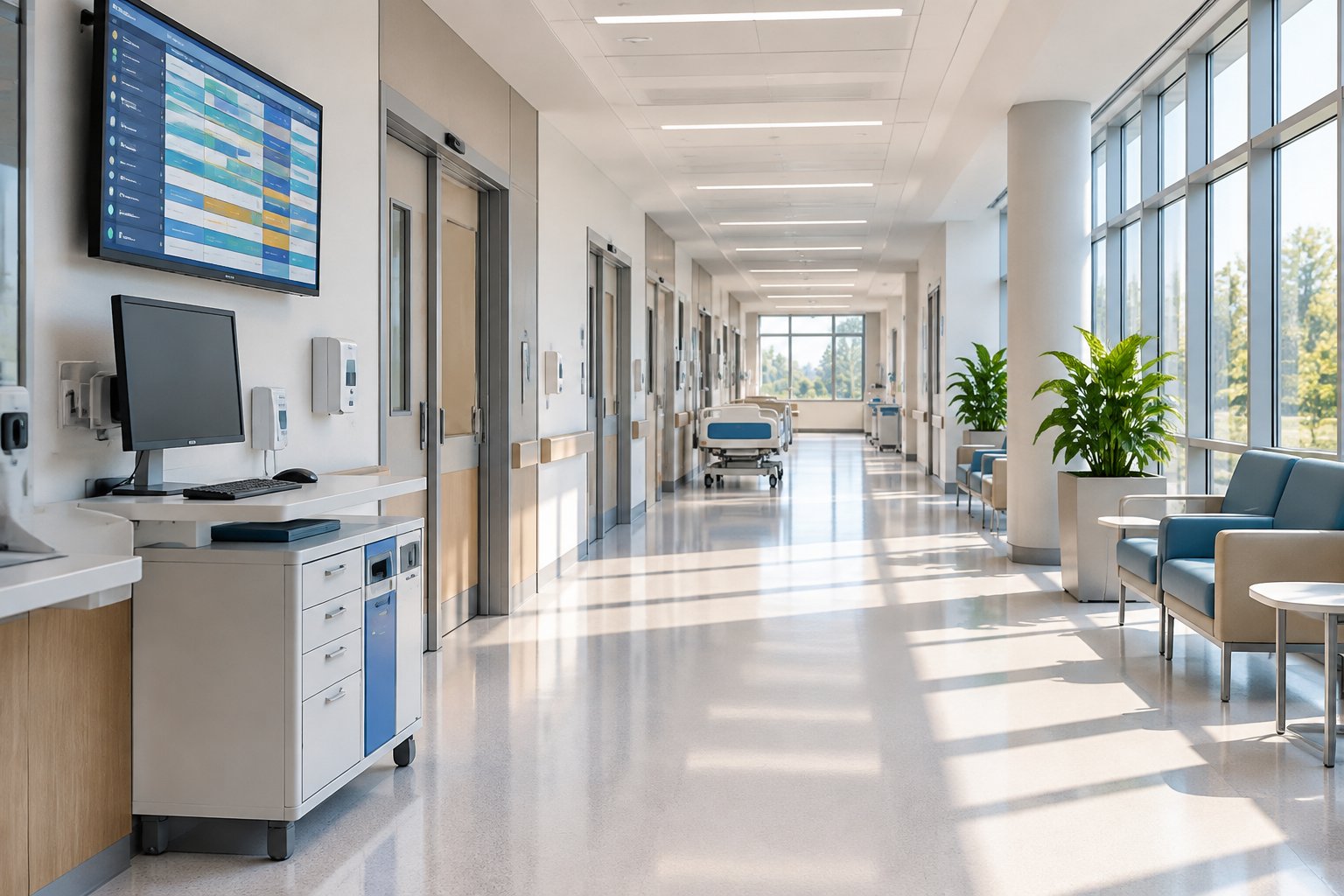 Bright modern hospital corridor with a wall-mounted workstation