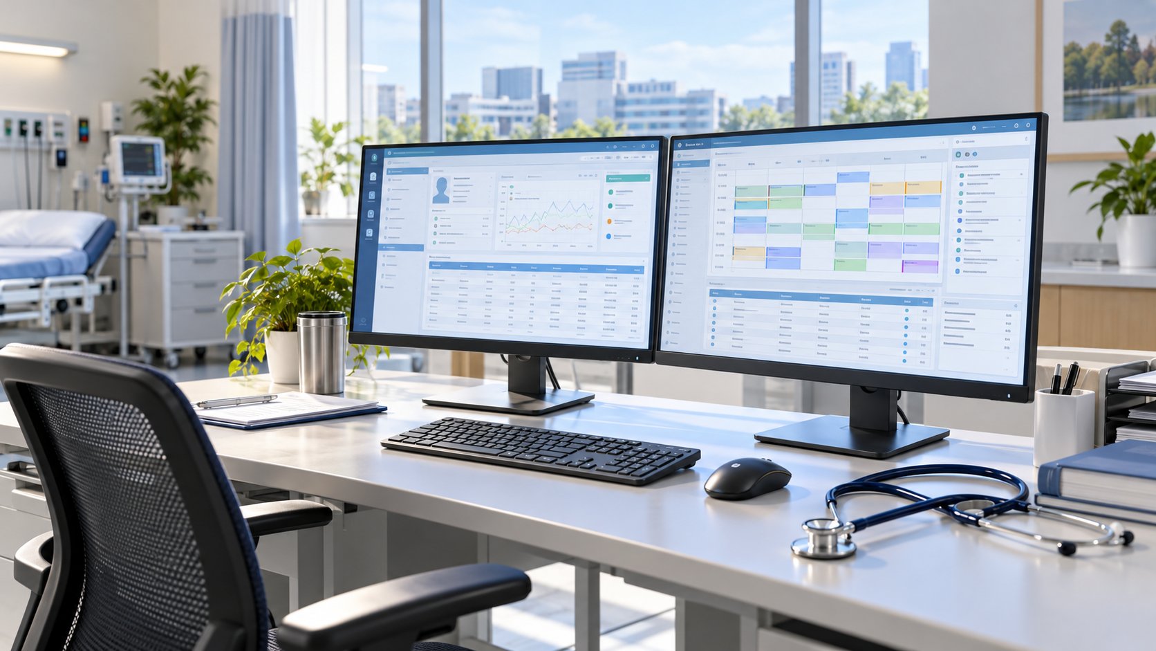 Bright hospital IT workspace with electronic health record software on dual monitors