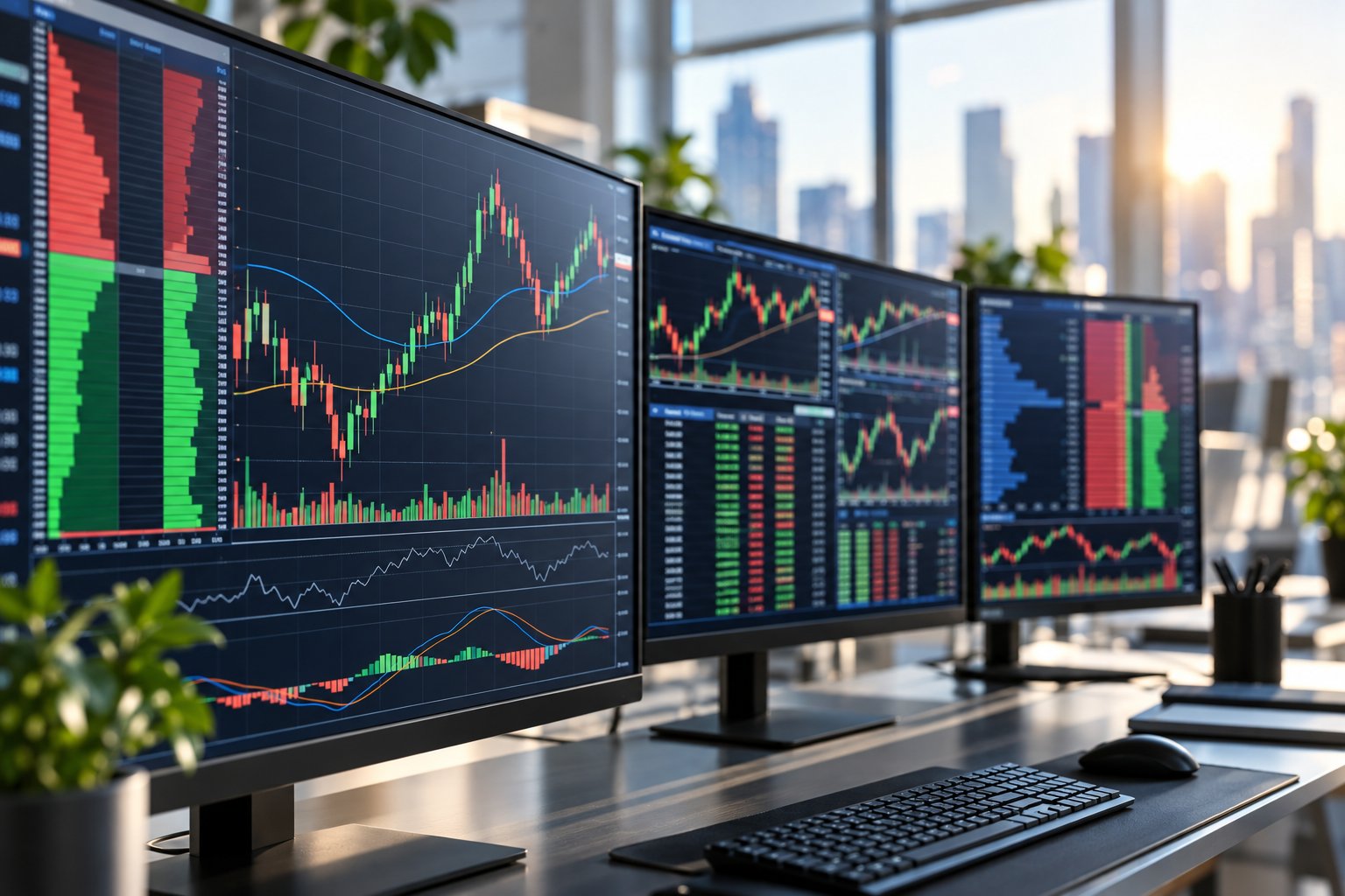 Trading-desk monitors with market depth charts in bright daylight