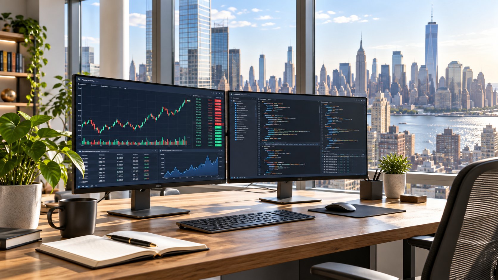 Bright fintech engineering workspace, dual monitors with trading charts and code, sunny New York skyline