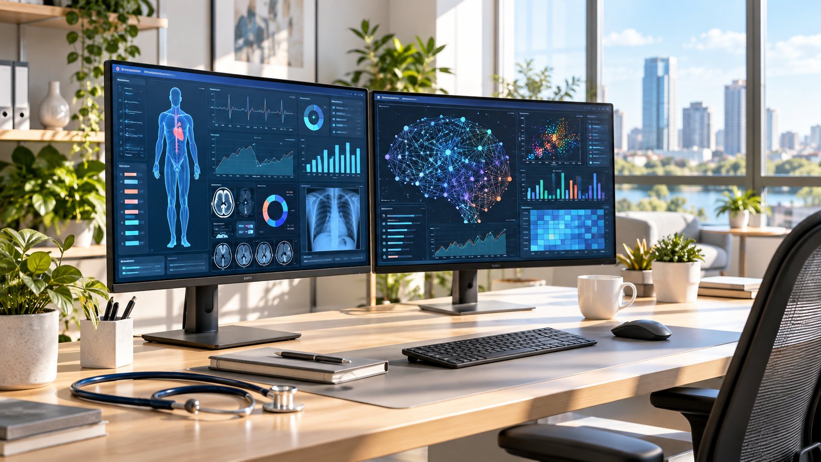 Bright healthcare data analytics workspace with dashboards and a neural network visualization