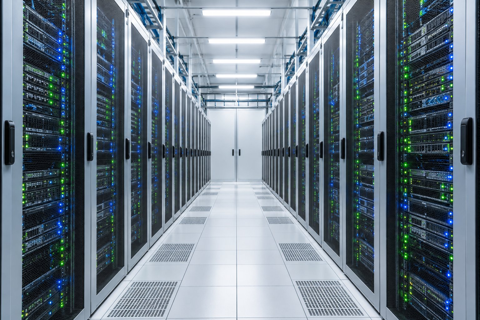 Brightly lit modern data center aisle with server racks and status LEDs