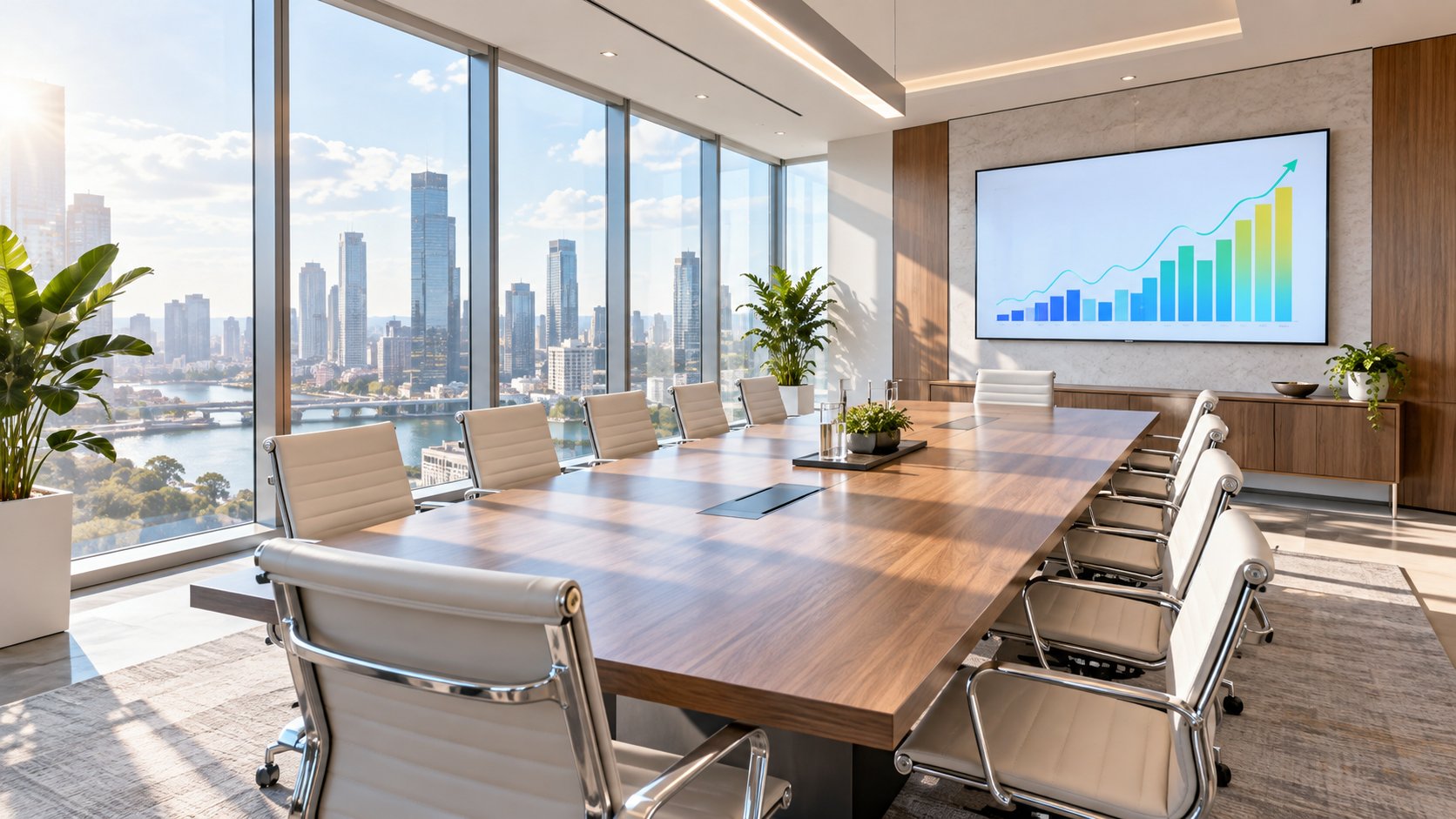 Bright sunny executive boardroom in a health-tech company with city views