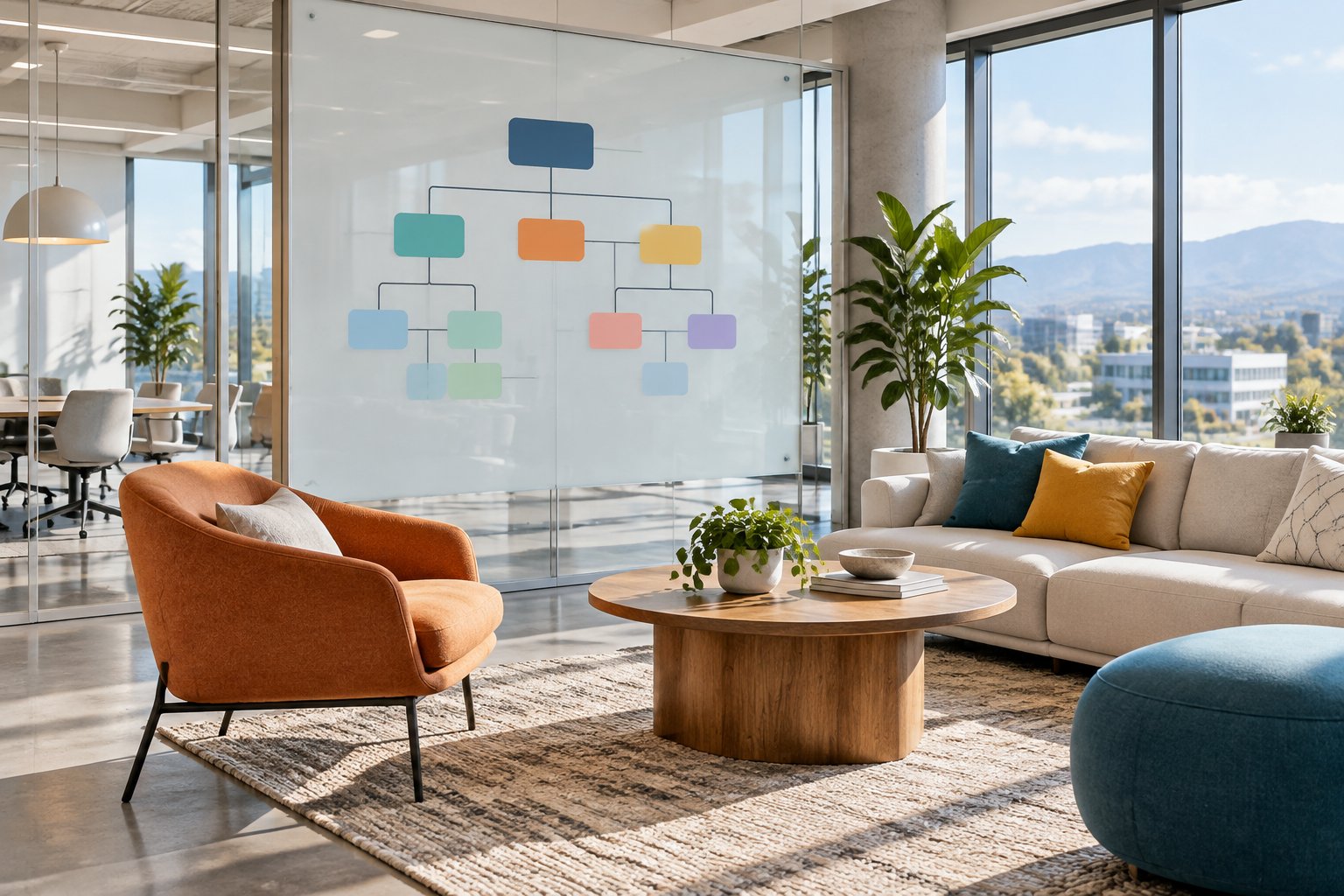 Bright modern health-tech office lounge with a glass whiteboard