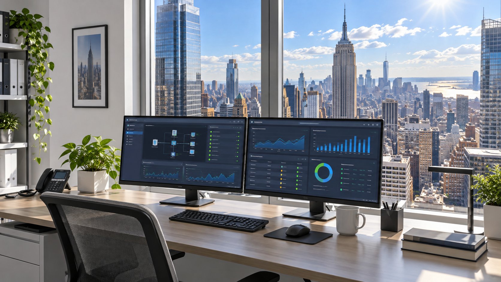 Bright New York hospital IT office with systems dashboards and a sunny Manhattan view