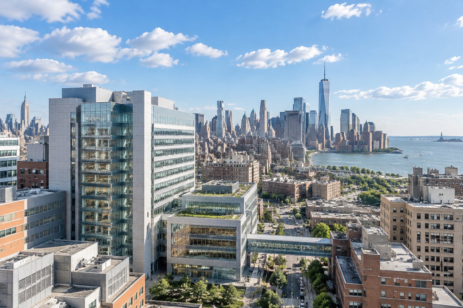 Sunny Manhattan skyline with a modern hospital building in the foreground